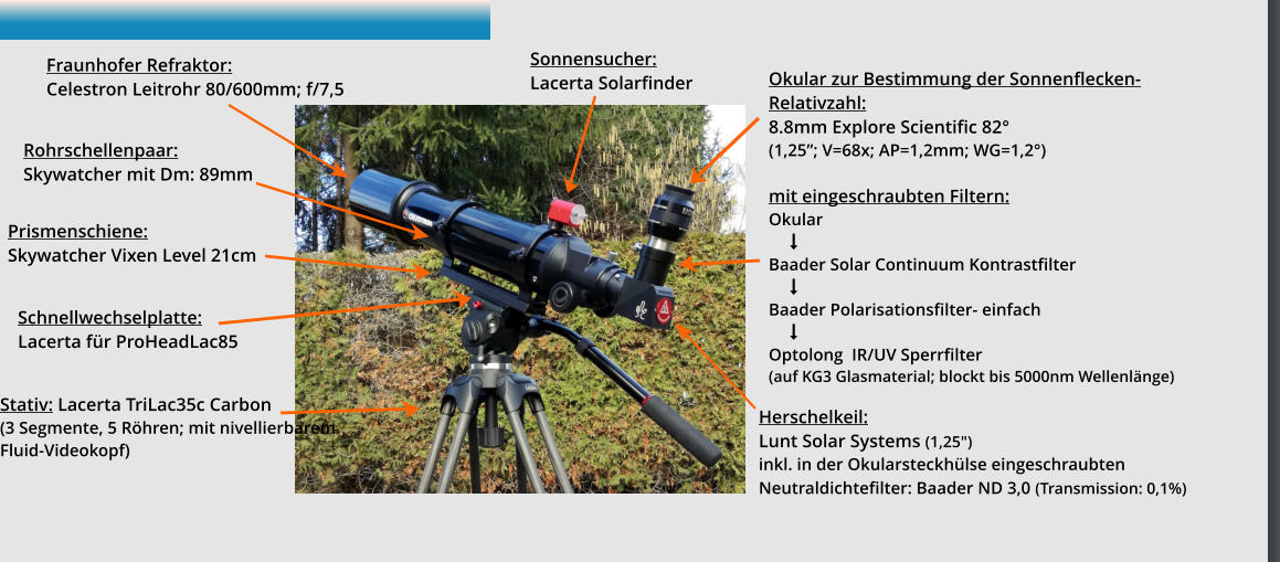 Okular zur Bestimmung der Sonnenflecken-Relativzahl:  8.8mm Explore Scientific 82°  (1,25”; V=68x; AP=1,2mm; WG=1,2°)  mit eingeschraubten Filtern: Okular             Baader Solar Continuum Kontrastfilter            Baader Polarisationsfilter- einfach            Optolong  IR/UV Sperrfilter  (auf KG3 Glasmaterial; blockt bis 5000nm Wellenlänge)     Fraunhofer Refraktor:  Celestron Leitrohr 80/600mm; f/7,5  Herschelkeil:  Lunt Solar Systems (1,25")  inkl. in der Okularsteckhülse eingeschraubten Neutraldichtefilter: Baader ND 3,0 (Transmission: 0,1%)     Stativ: Lacerta TriLac35c Carbon (3 Segmente, 5 Röhren; mit nivellierbarem Fluid-Videokopf)  Sonnensucher:  Lacerta Solarfinder   Prismenschiene:  Skywatcher Vixen Level 21cm   Schnellwechselplatte:  Lacerta für ProHeadLac85   Rohrschellenpaar:  Skywatcher mit Dm: 89mm